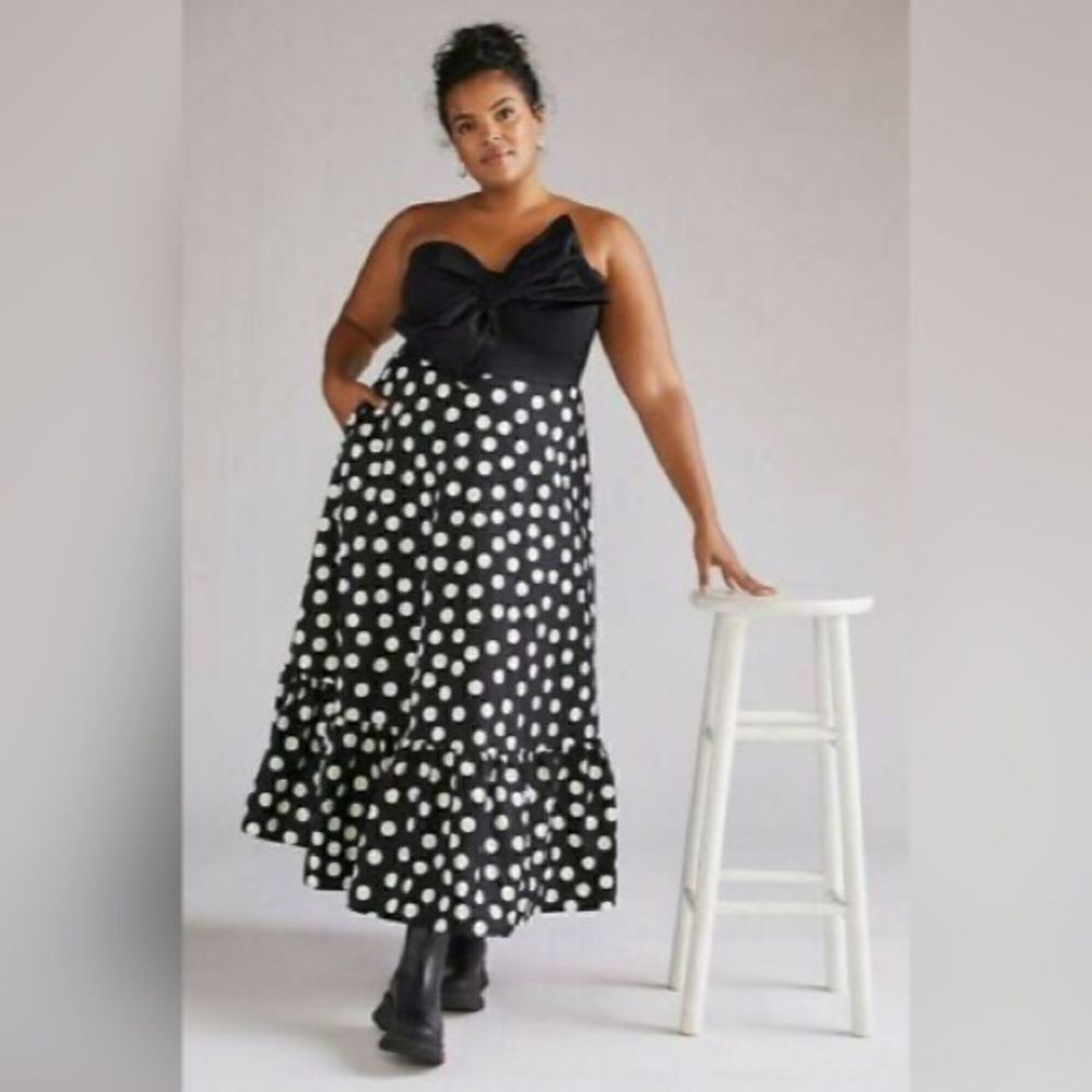 Anthropologie - Hutch Polka Dot Bow Tie Maxi Dress Black and White